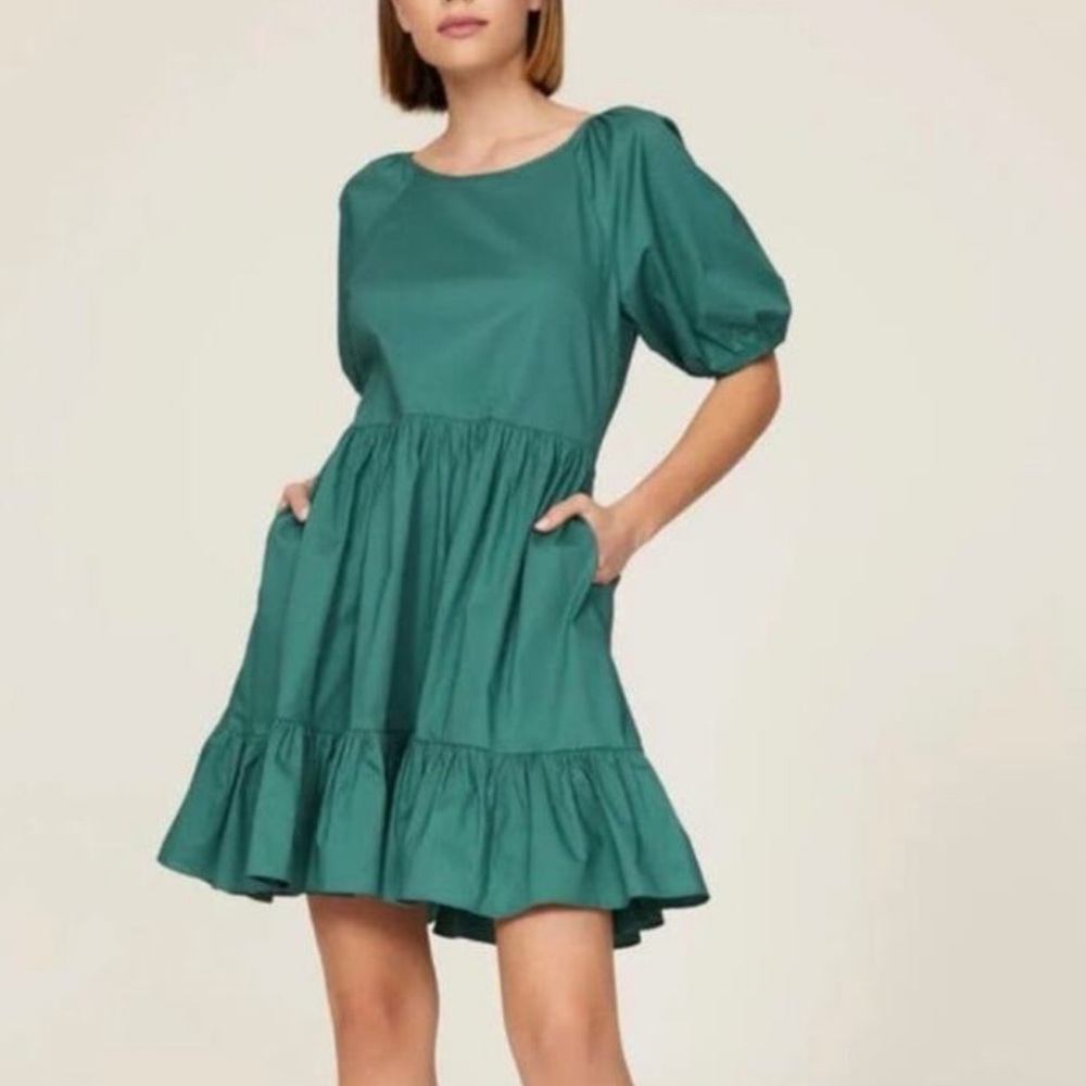 Peter Som ANTHROPOLOGIE Tiered Babydoll Mini Dress Puff Cotton Green Women’s 2
